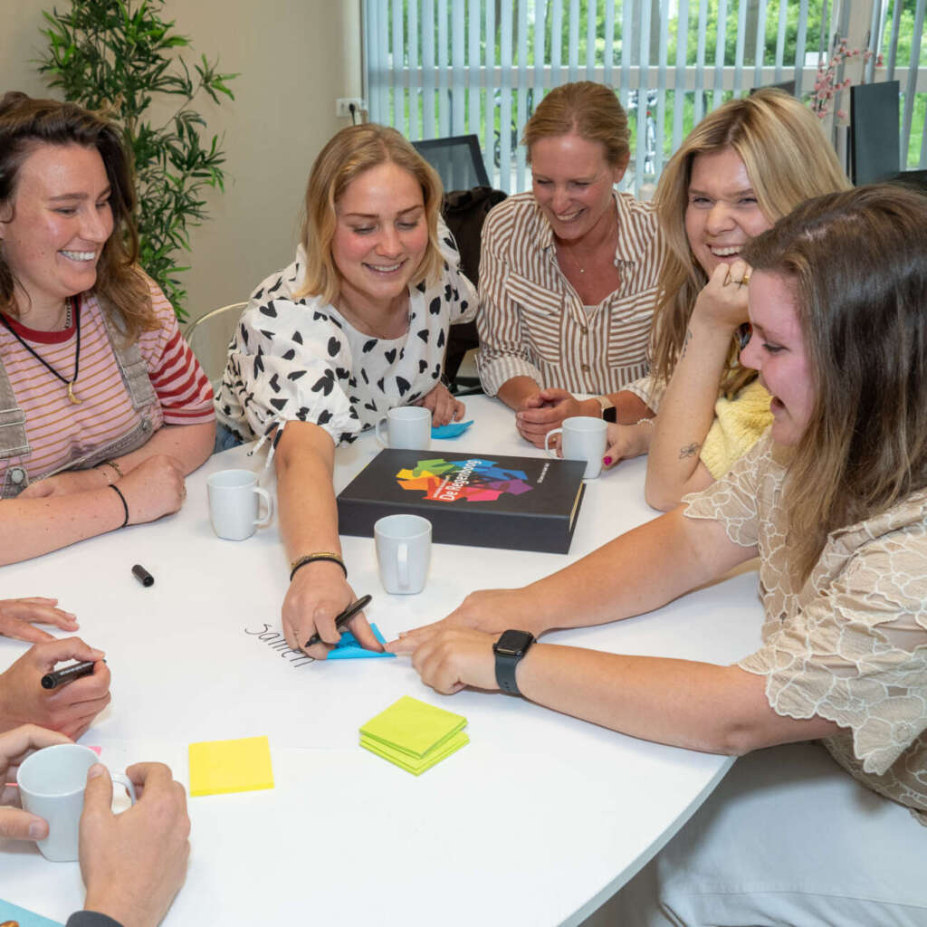 Zes leerkrachten van De Regenboog overleggen samen aan tafel met post-its en koffie
